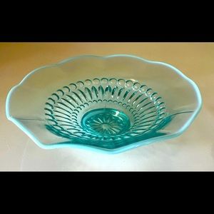 Vintage opaline blue glass dish gorgeous collectible 8.5” aqua pressed glass